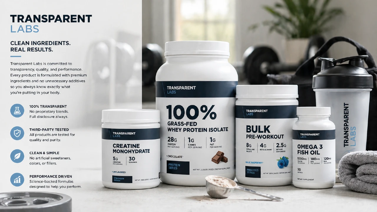 Transparent Labs supplements displayed in a clean modern fitness setup with protein and pre workout products